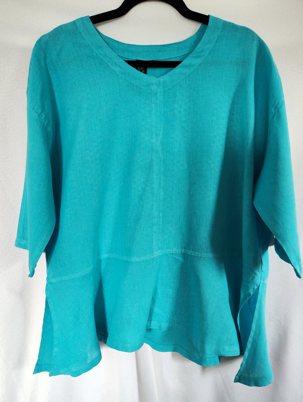 Focus Casual Life Women’s L Turquoise Linen V-Neck 3/4 Sleeve Tunic Blouse